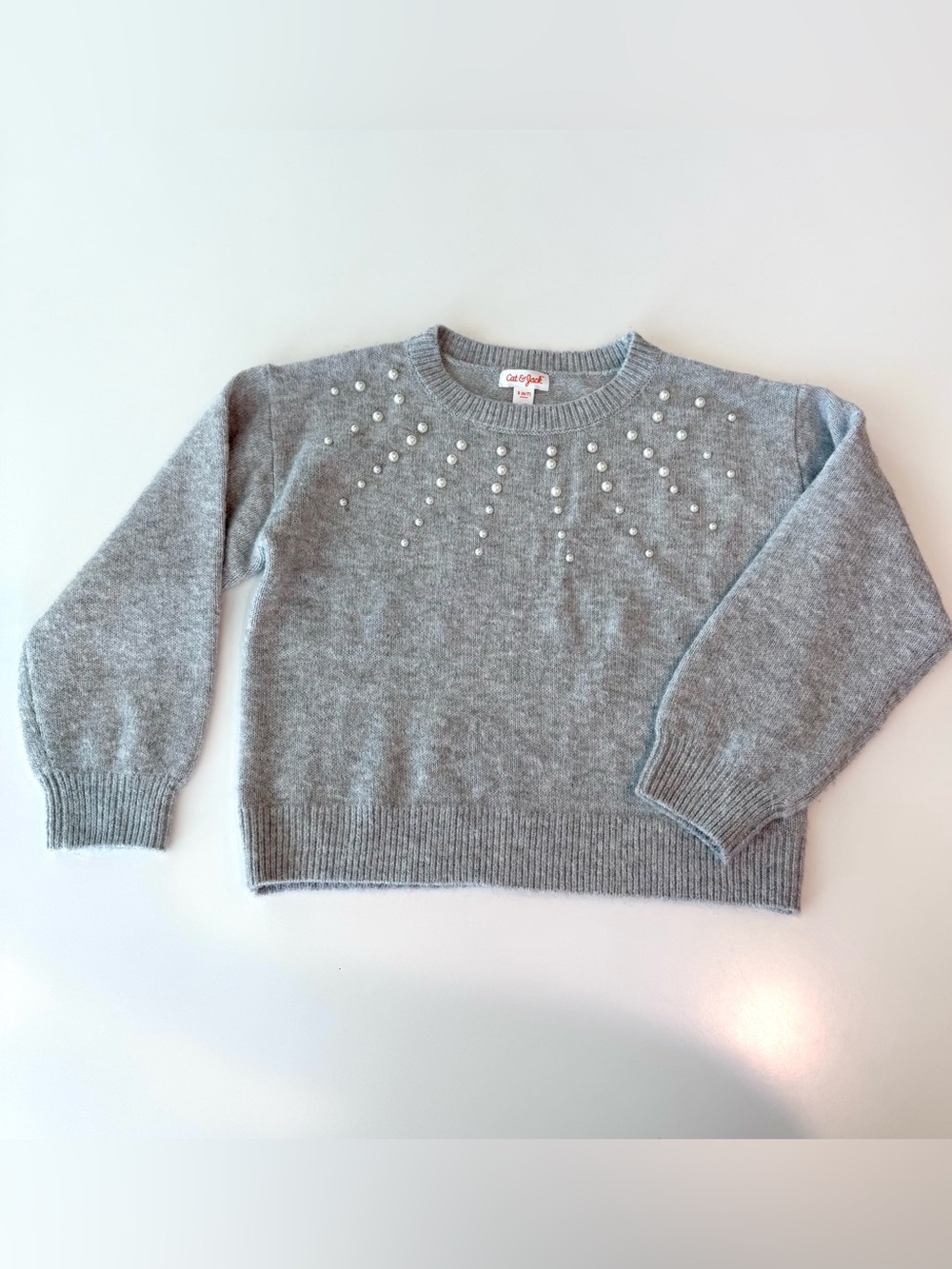 Cat & Jack Girls’ Gray Pearl-Embellished Crewneck Sweater, Size S (6-7)